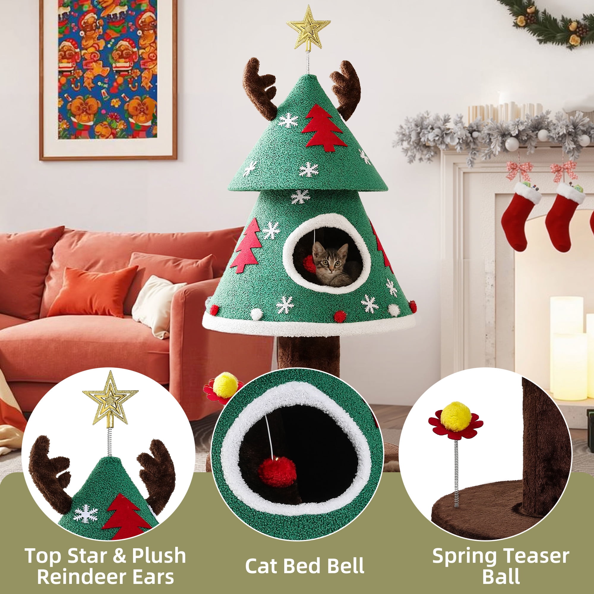 Dextrus 47.2 in Christmas Cat Tree, Cat Tower with Balls & Cat Teaser,  Indoor Cat Climbing Furniture ,Green