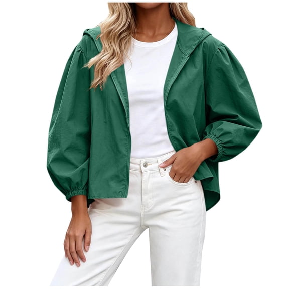 Qingpeng Womens Lightweight Zipper Up Hooded Jacket Balloon Sleeves Elastic Cuffs Casual Tops for Spring Fall Wear and Outdoor Activities