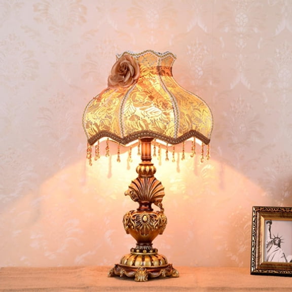 Victorian Embroidered Table Lamp, Elegant Fabric Bedside Light Gorgeous Nightstand Lamp Desk Light Vintage Painted Resin Base for Bedroom Living Room