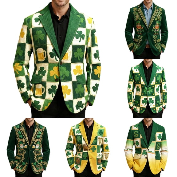 IWRICH Men's St. Patrick’s Day Corduroy Printed Jacket Shamrock Holiday Party Coat Casual Plus Size Blazer 04-Green XL