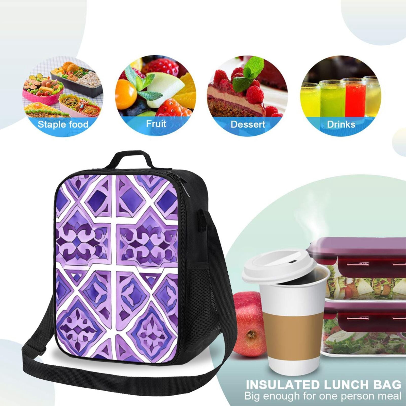Thermal Insulation One Shoulder Portable Bento Bag Can Be Reused 8×10.5in For Carrying Drinks Bento Box Fruit Snacks Mediumpurple Moroccan Trellis Hand-Drawn Sketch_3