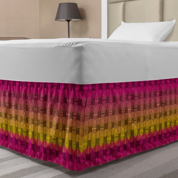 Abstract Bed Skirt, Continuous Intertwined Circles Elements Motif Illustration Print, Elastic Bedskirt Dust Ruffle Wrap Around for Bedding Decor, 4 Sizes, Dark Magenta and Dark Yellow, by Ambesonne
