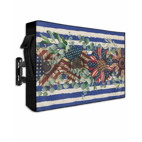4th of July Outdoor TV Cover 60 to 65 Inch Weatherproof, Blue Striped Independence Day Star Botanical 600D Oxford TV Covers with Waterproof Zipper, Outside Flat TV Screen Protector 58"Wx37"Hx4.5"D