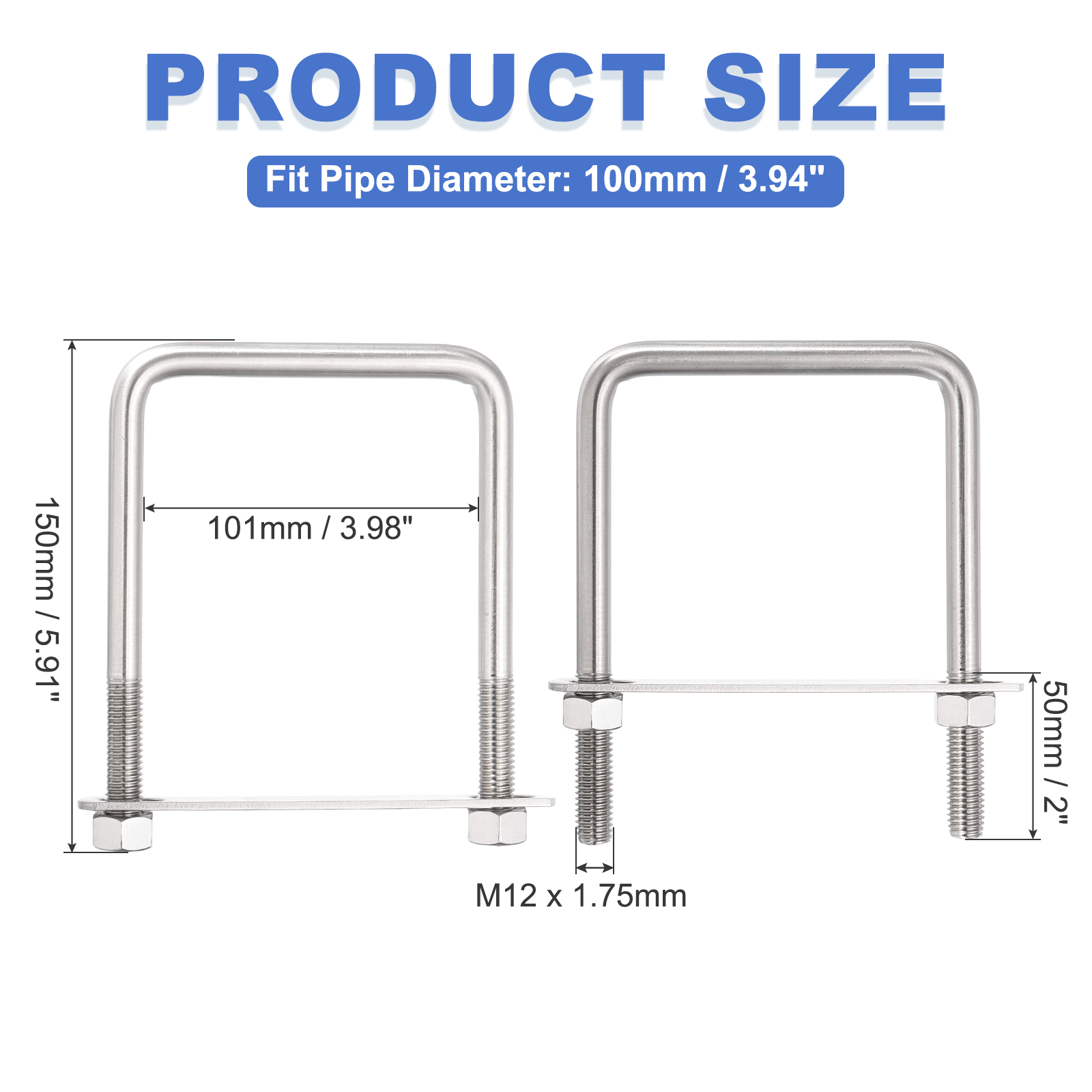 Uxcell 2 Sets M12 Square U-Bolts, 3.98" Inner Width 5.91" Length 304 Stainless Steel U Clamp Bolts with Nuts, Plates and Wrench