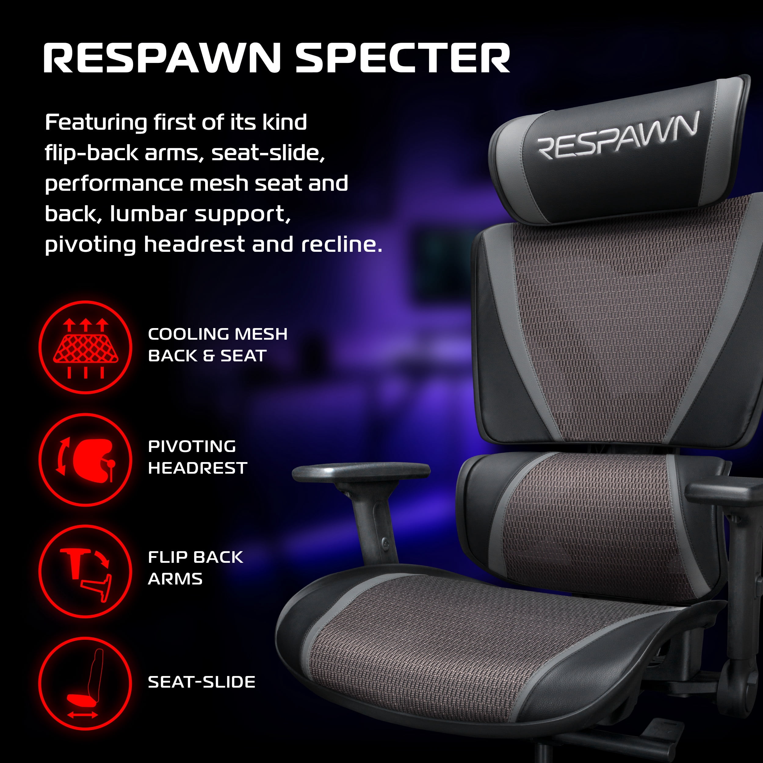 RESPAWN SPECTER Ergonomic Office Chair with Lumbar Support, Headrest, Adjustable Arms - Comfy Breathable Mesh Computer Desk Seat for Home Office, High Back Reclining Gaming Chairs for Adults - Gray