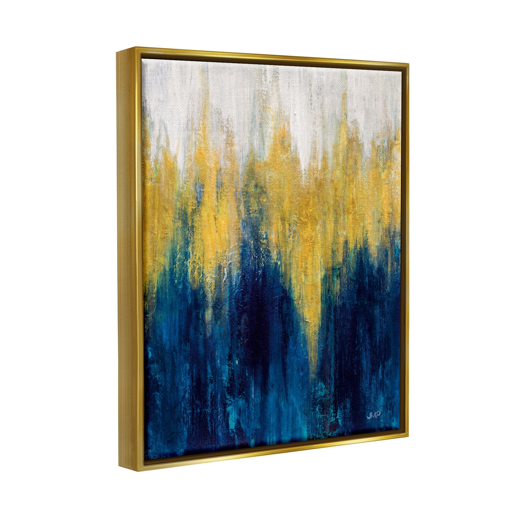 Stupell Industries Blue & Yellow Abstraction Abstract Painting Gold Floater Framed Art Print Wall Art, 25 x 31
