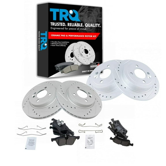 TRQ Front and Rear Performance Brake Pad & Rotor Kit Brake Pads Brake Rotors Set Ceramic Premium G-Coated Fits Select 2002-2006 Mini Cooper