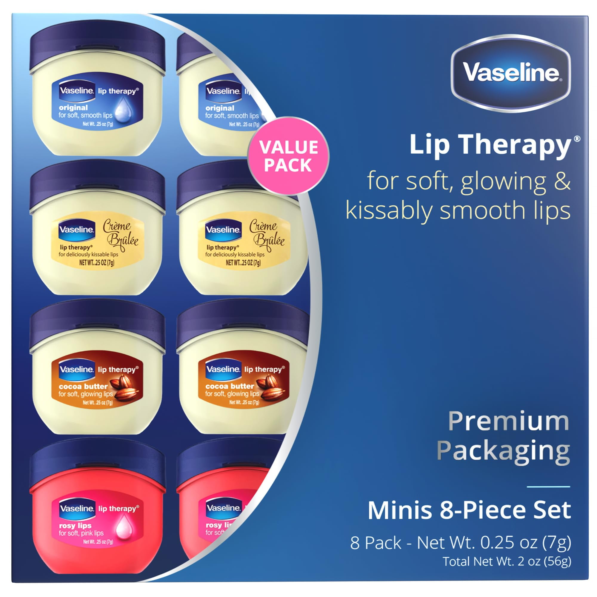 Vaseline Lip Therapy Rosy Lips, Cocoa Butter, Creme Brulee, Original - Vaseline Lip Balm, Tinted and Clear Lip Gloss Set, 2 of Each, 0.25 Oz Ea (8 Piece Set) BE4