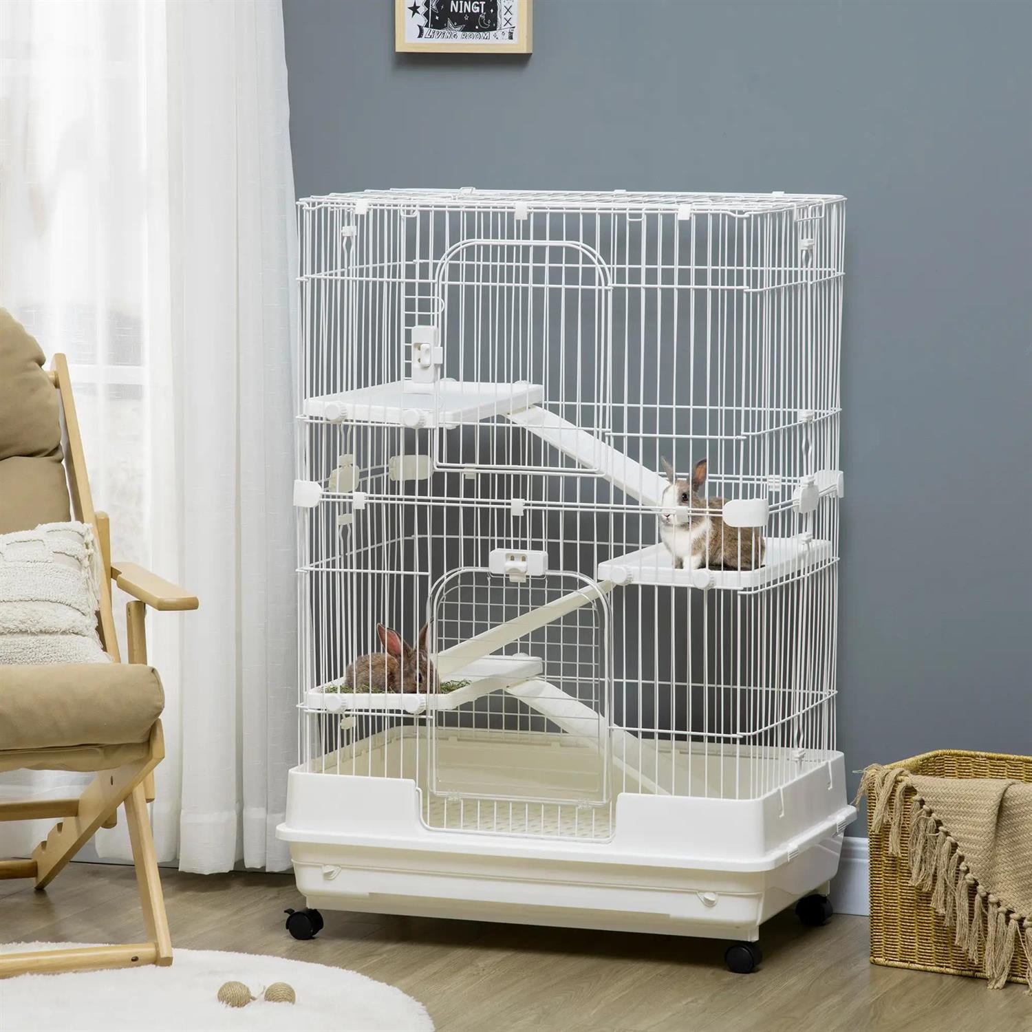 Kadyn 32" Large Hamster Cage, Rabbit Hutch with Tubing System, Running Wheel, Ramps, Platforms, 4-Level Small Animal Habitats for Bunny, Chinchillas, Ferret, White