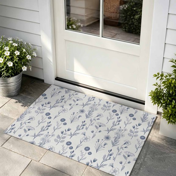 Door Mat 16x24in Blue Spring Floral Absorbent Non-Slip Washable Doormat Vintage Farmhosue Flowers Lines Dirt Trapping Low Profile Entryway Rug, Indoor Outdoor Welcome Mat for Home Entrance