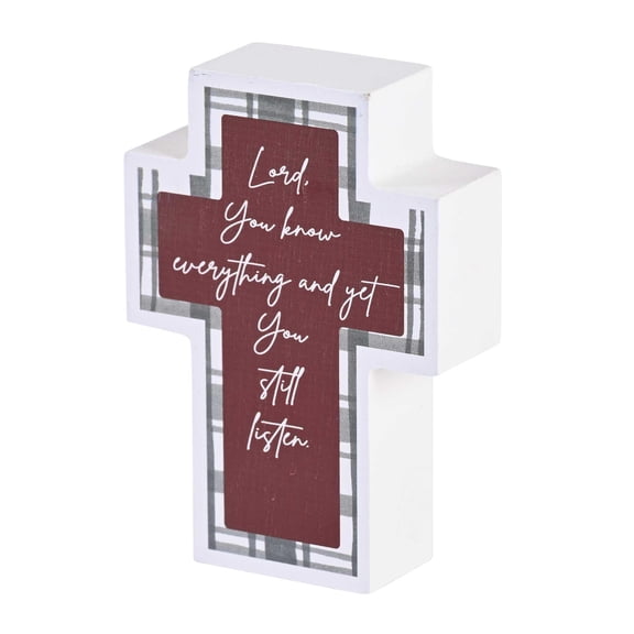 Dicksons TPLKC34-112 You Know Everything And Yet You Still Listen Faith Themed White, Red, And Grey Plaid Accent 3 x 4 Wood Distressed Cross Shaped Decorative Tabletop Plaque Home Décor