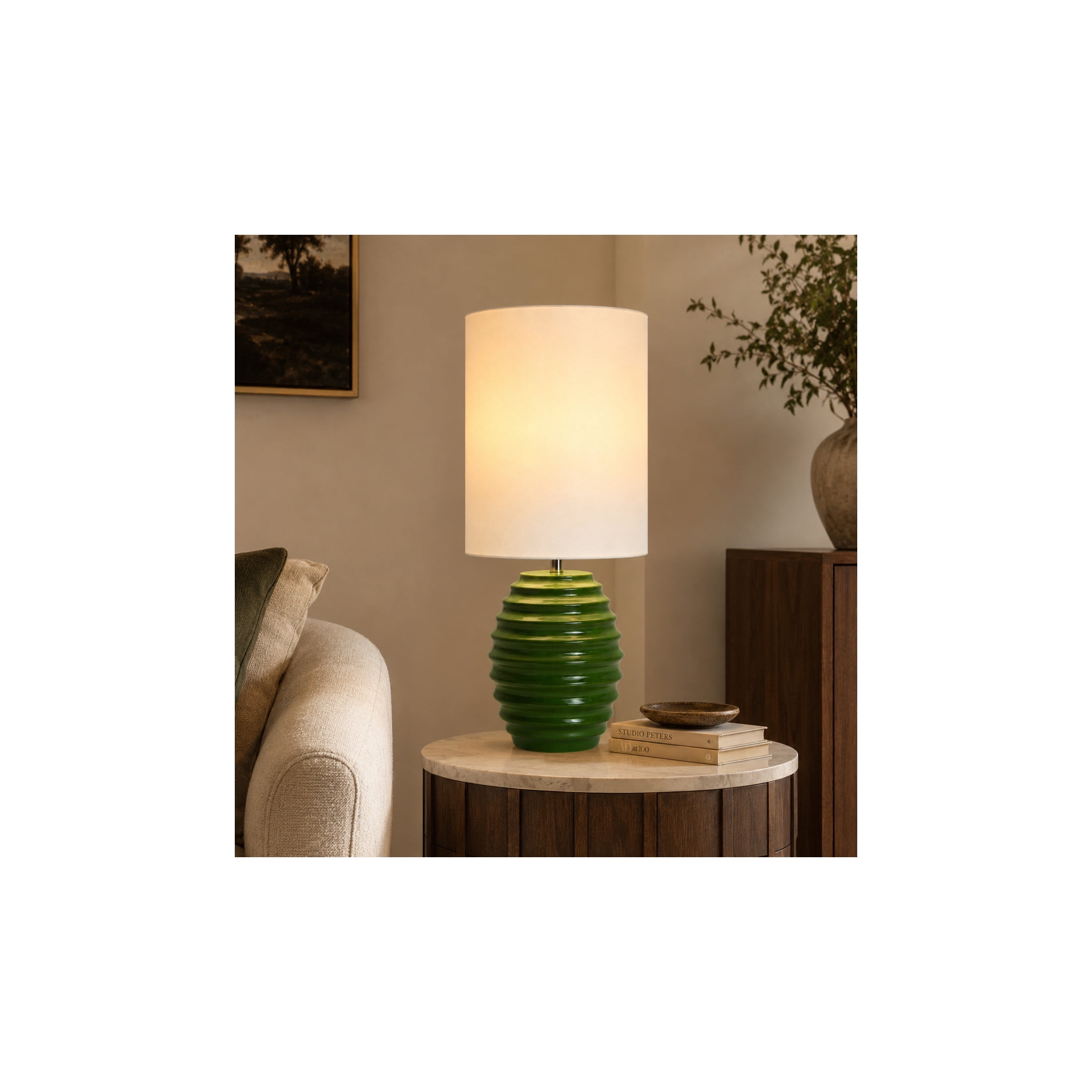 DecMode 24" Handmade Ribbed Green Table Lamp with White Linen Shade