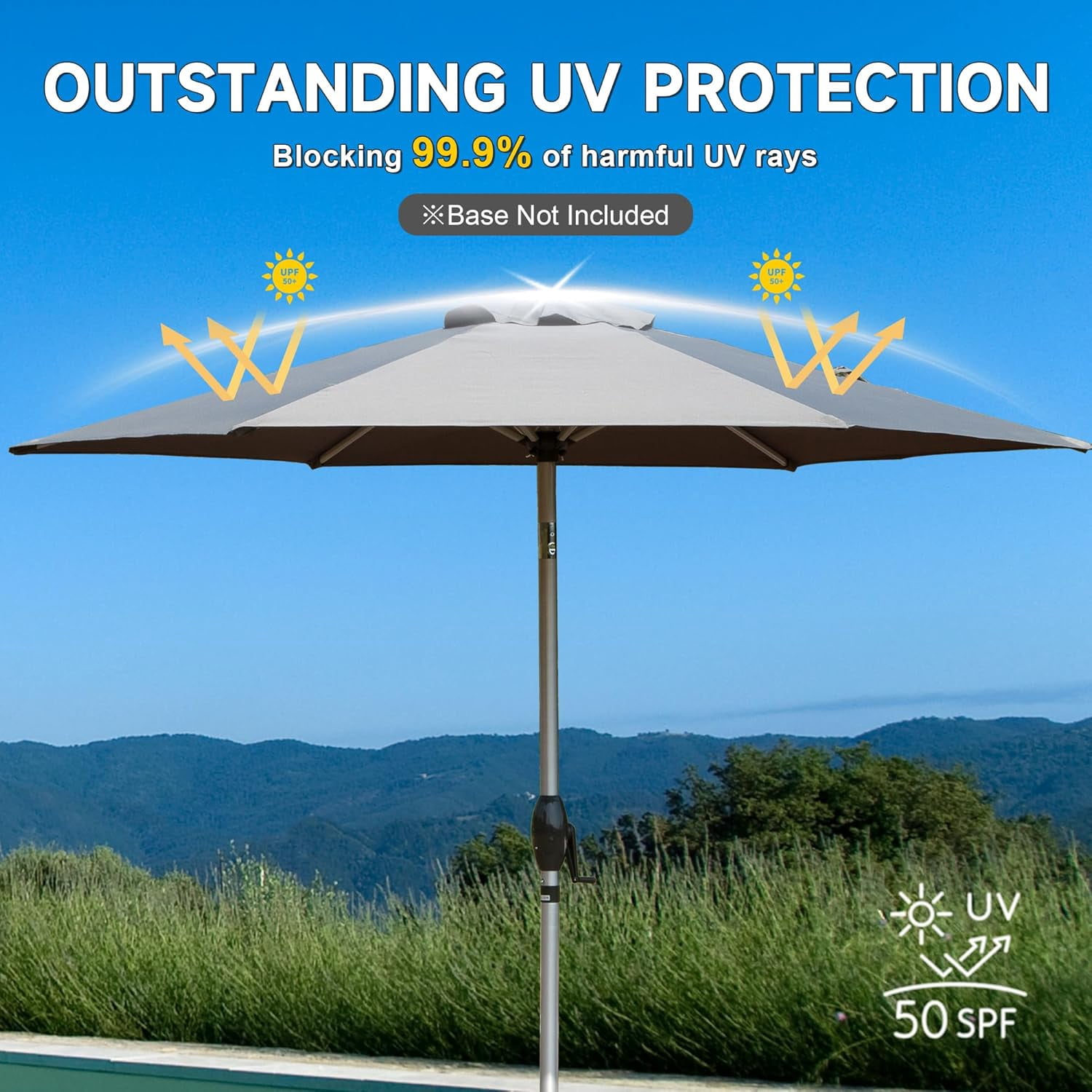 TOTAL 7.5FT Patio Umbrella Outdoor Market Umbrella with Silver Aluminum Pole, UV Resistant Canopy, Wind Vent, Tilt & Crank System, Perfect for Patio, Garden, Deck, Pool, Outdoor Dining, Gray