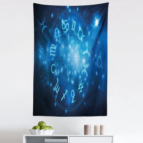 Astrology Tapestry, Abstract Horoscope Wheel with Signs Aquarius Lion Taurus Libra, Fabric Wall Hanging Decor for Bedroom Living Room Dorm, 5 Sizes, Navy Blue Sky Blue, by Ambesonne