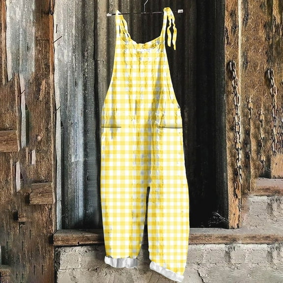 Women's Baggy Overalls Sleeveless Wide Leg Plaid Print Bib Pants Plus Size Casual Spring Fall Trendy Jumpsuit (XL, Yellow-B)