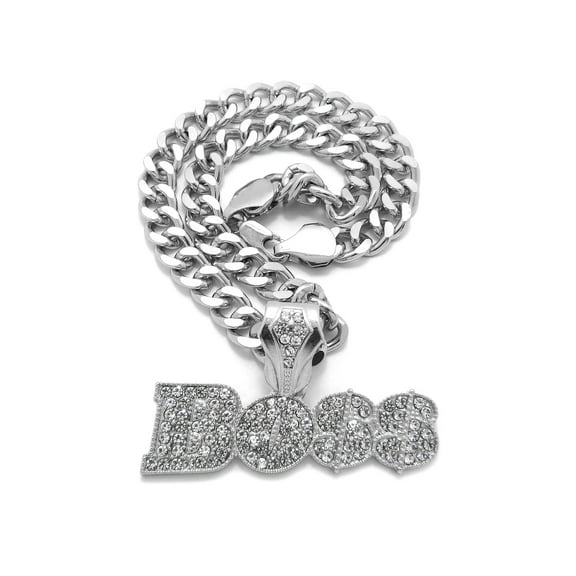 iJewelry2 Urban BOSS Script Crystals Encrusted Pendant Silver-tone Cuban Linked Chain Necklace