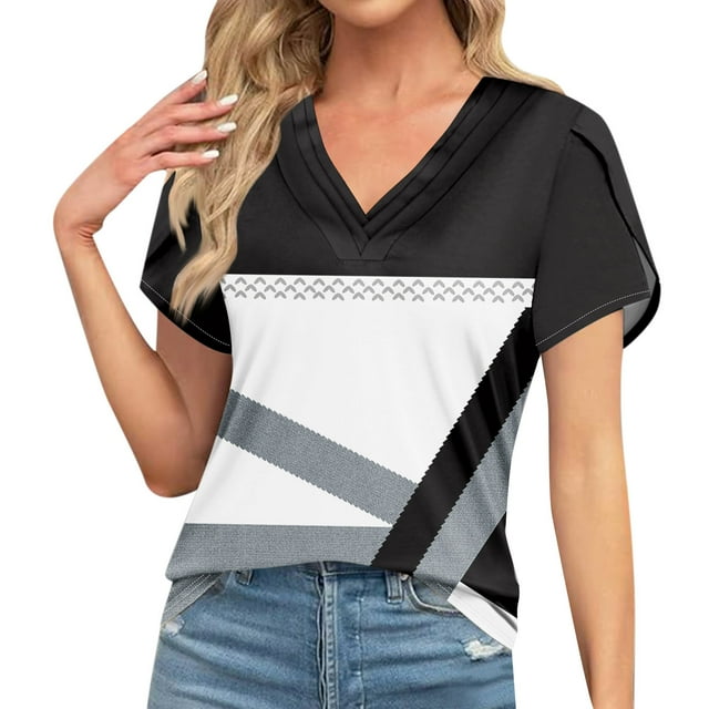 T-shirts Décontractés pour Femmes à Imprimé Géométrique, Col Rond, Manches Courtes, Mode 2024 Printemps Été, Coupe Ample, Gris-A 2TG