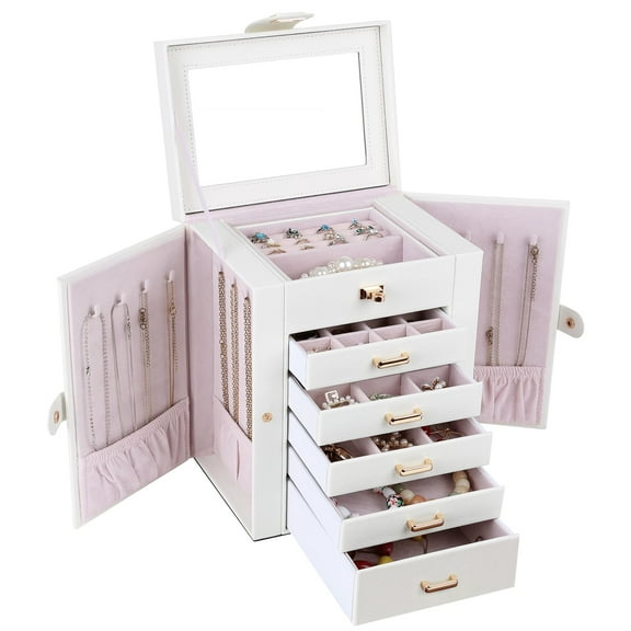 Kendal Jewelry Box, 6-Layer Jewelry Storage Organizer for Necklace Bracelet Rings Watch, 10.2"x8.2"x6" Classic Pink PU Leather 5 Drawers Large Storage Capacity with Mirror