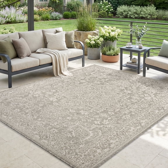 SIXHOME 8'x10' Outdoor Rug, Farmhouse Medallion Patio Rug, Indoor Outdoor Polypropylene Weave Textured Carpet, Water-Resistant, Quick-Dry Rug for Porch, Balcony, RV, Garden, Neutral Gray