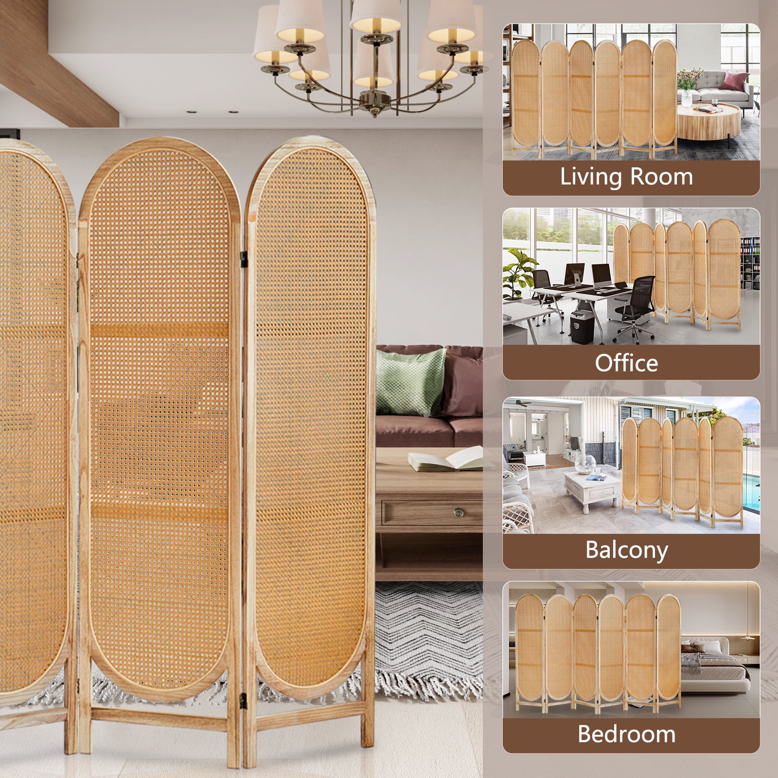 ALeesing 6 Panels Wood Rattan Room Divider, Folding Privacy Screens, No Installation, Light Brown