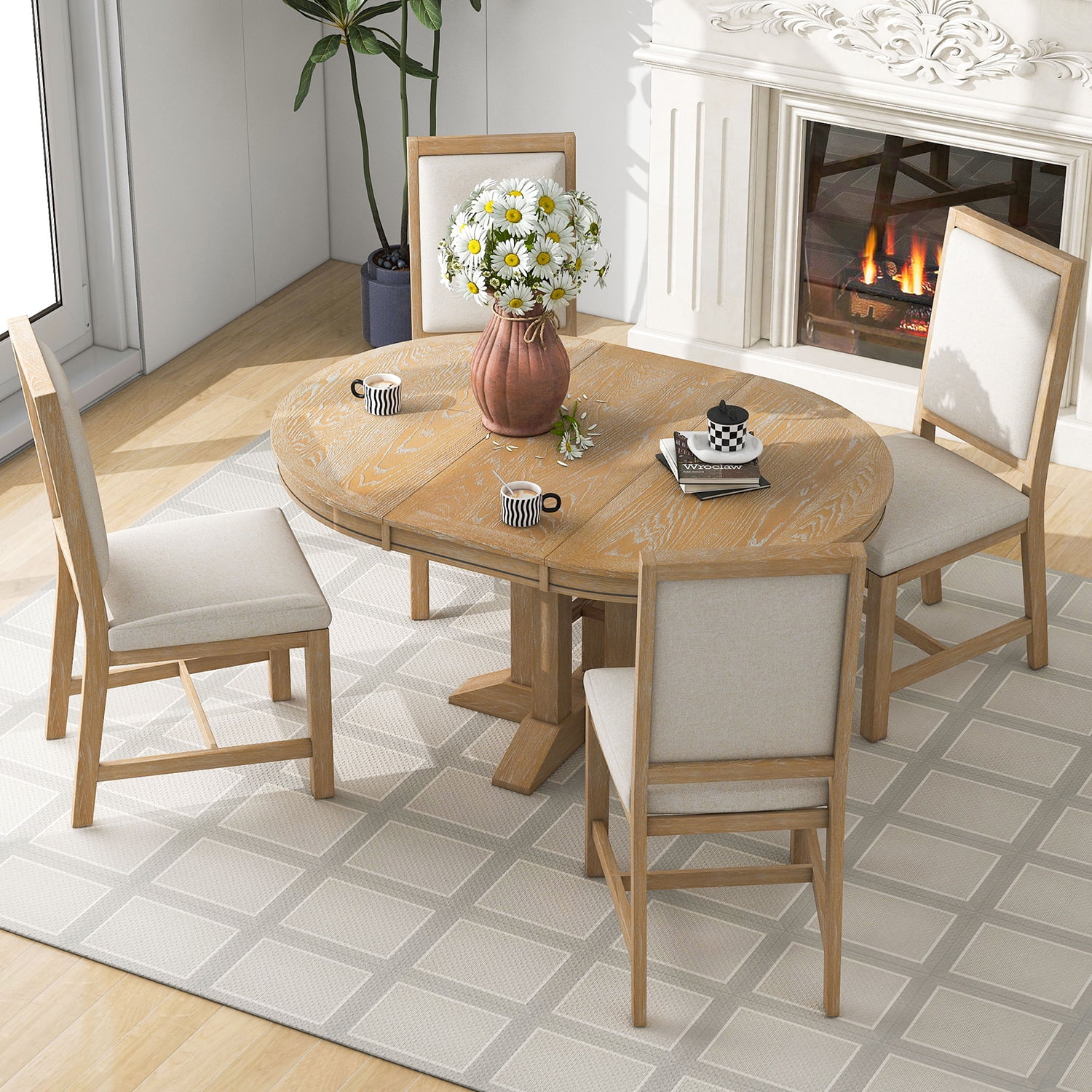 Kadyn 5-Piece Dining Set, Extendable Round Table and 4 Upholstered Chairs, Farmhouse Dining Set for Kitchen, Natural Kadyn 5-Piece Dining Set, Extendable Round Table and 4 Upholstered Chairs, Farmhouse Dining Set for Kitchen, Natural
