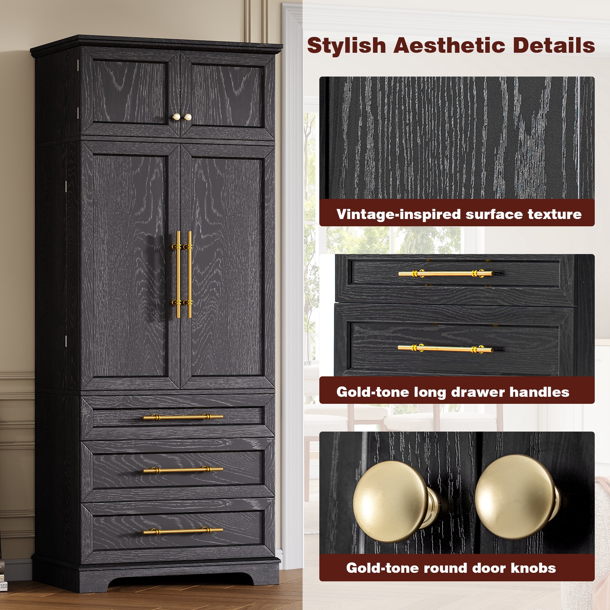 Mintazer 78" Tall Farmhouse Pantry Cabinet with Adjustable Shelves & Door Shelves, Freestanding Storage Cabinet with 3 Large Drawers & Gold Hardware for Kitchen Dining Room Living Room, Black