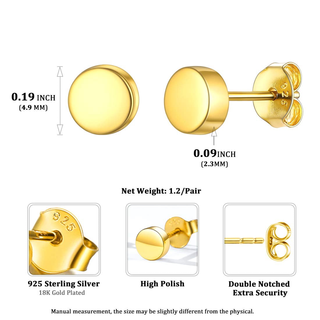 ChicSilver 14K Gold Plated Dot Stud Earrings for Women Small Round Circle Geometric Sterling Silver Earring Birthday Valentines Day Christmas Jewelry Gift