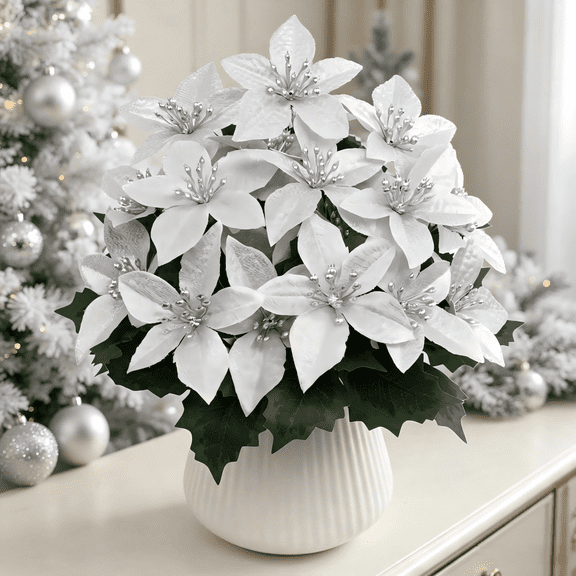 14 Inch White Silver Artificial Poinsettia Bouquet, 5 Bunches Fake Christmas Poinsettias with Faux Eucalyptus, UV Resistant Silk Flowers, Indoor Outdoor Home Garden Porch Patio Winter Holiday Decor