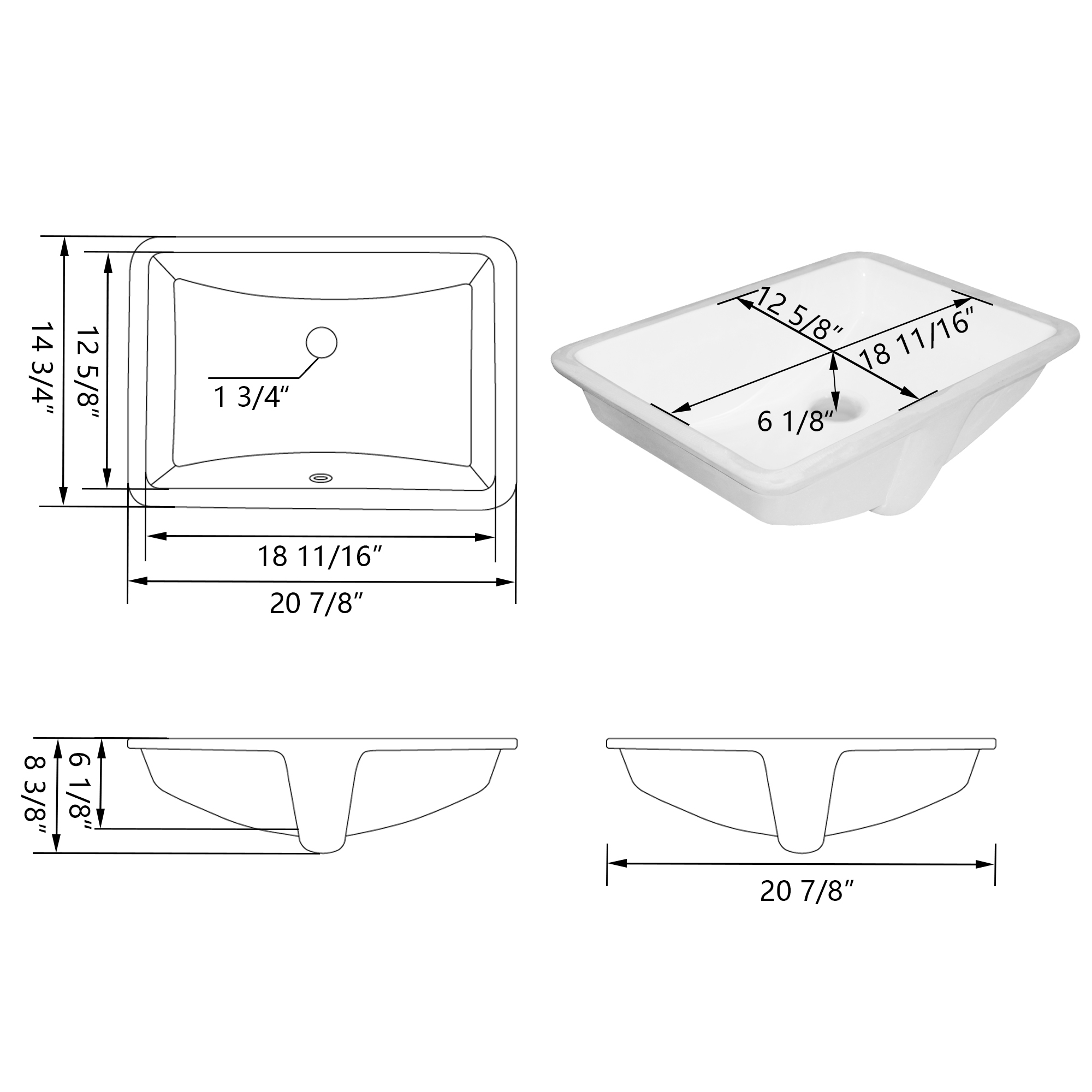 Deervalleybath Dv-1u101 Ceramic White Rectangular Undermount Sink 