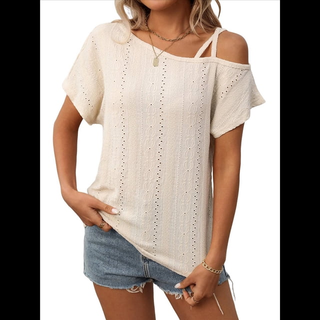 Blusas Cruzadas de un Solo Hombro para Mujer, Camisetas de Verano con Hombros Descubiertos, Blusas Casuales de Corta con Ojales. Albaricoque L