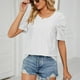 thumbnail image 5 of Blusa de manga corta para mujer, cuello redondo, manga plisada, patrón liso, elegante, versátil, camisa informal de verano, blanco, XXL, 5 of 8