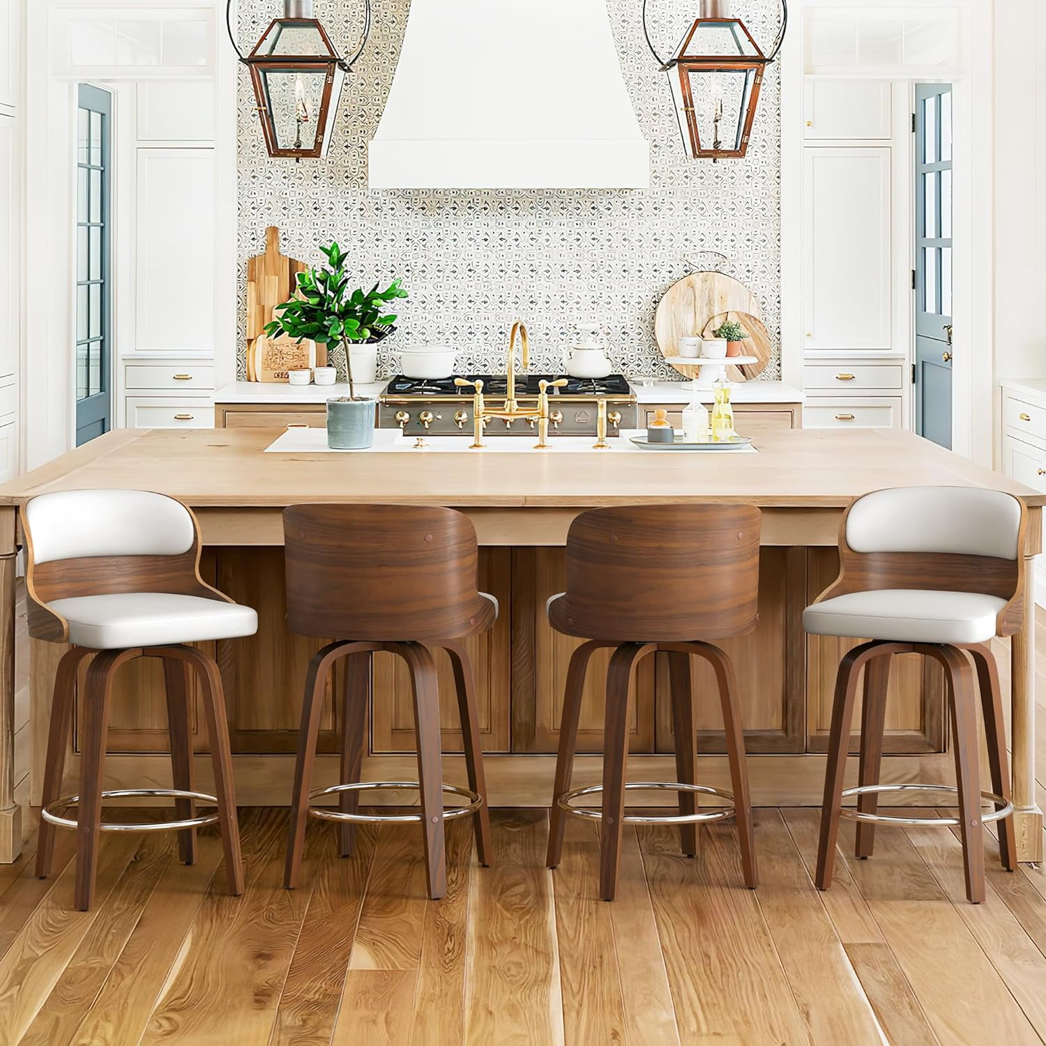 Dycanpo 26”Bar Stools Swivel, Wood Counter Height Bar Stools for Kitchen Island, White