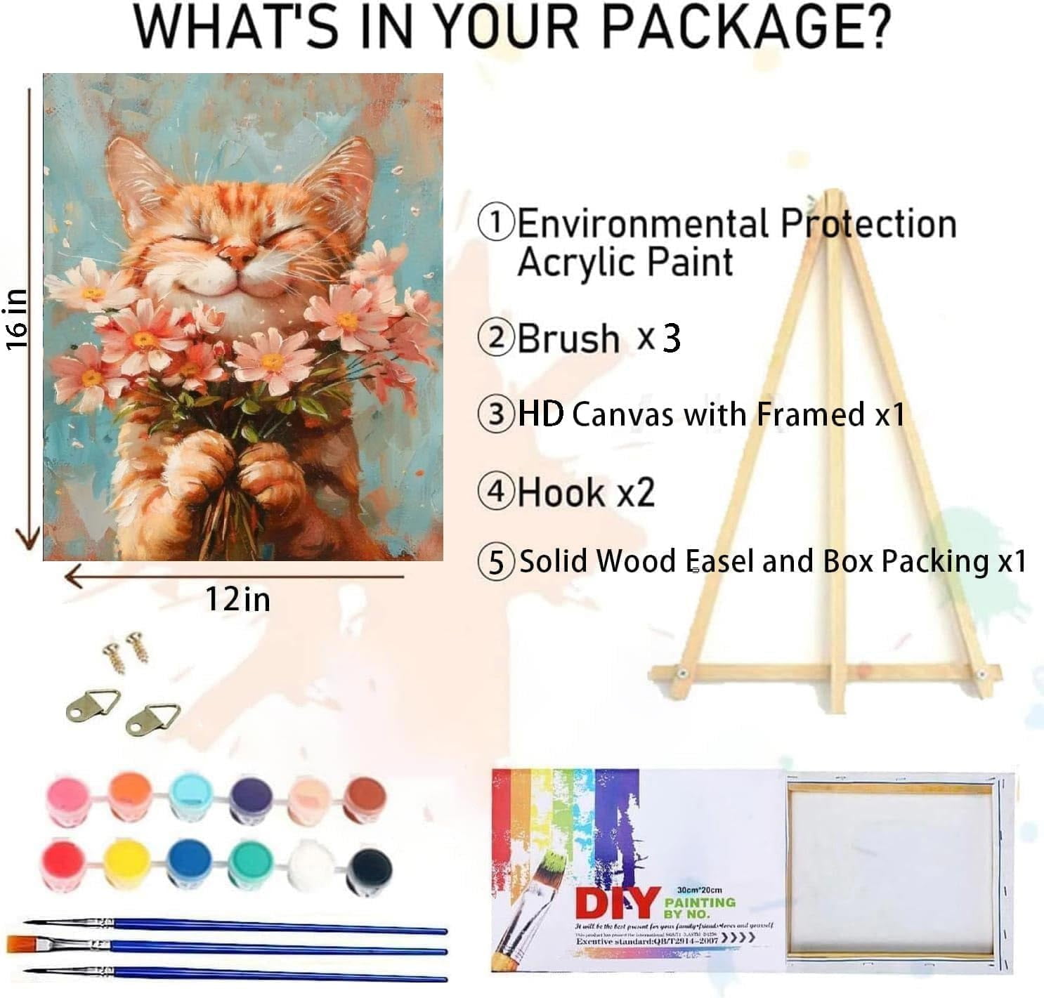 Cat Paint by Numbers Kit for Adults with Framed Canvas&Wooden Easel, DIY Acrylic Paint by Numbers Kits on Canvas, Cat with Flower Drawing Paintwork Arts and Crafts for Home Wall Decor 12x16inch