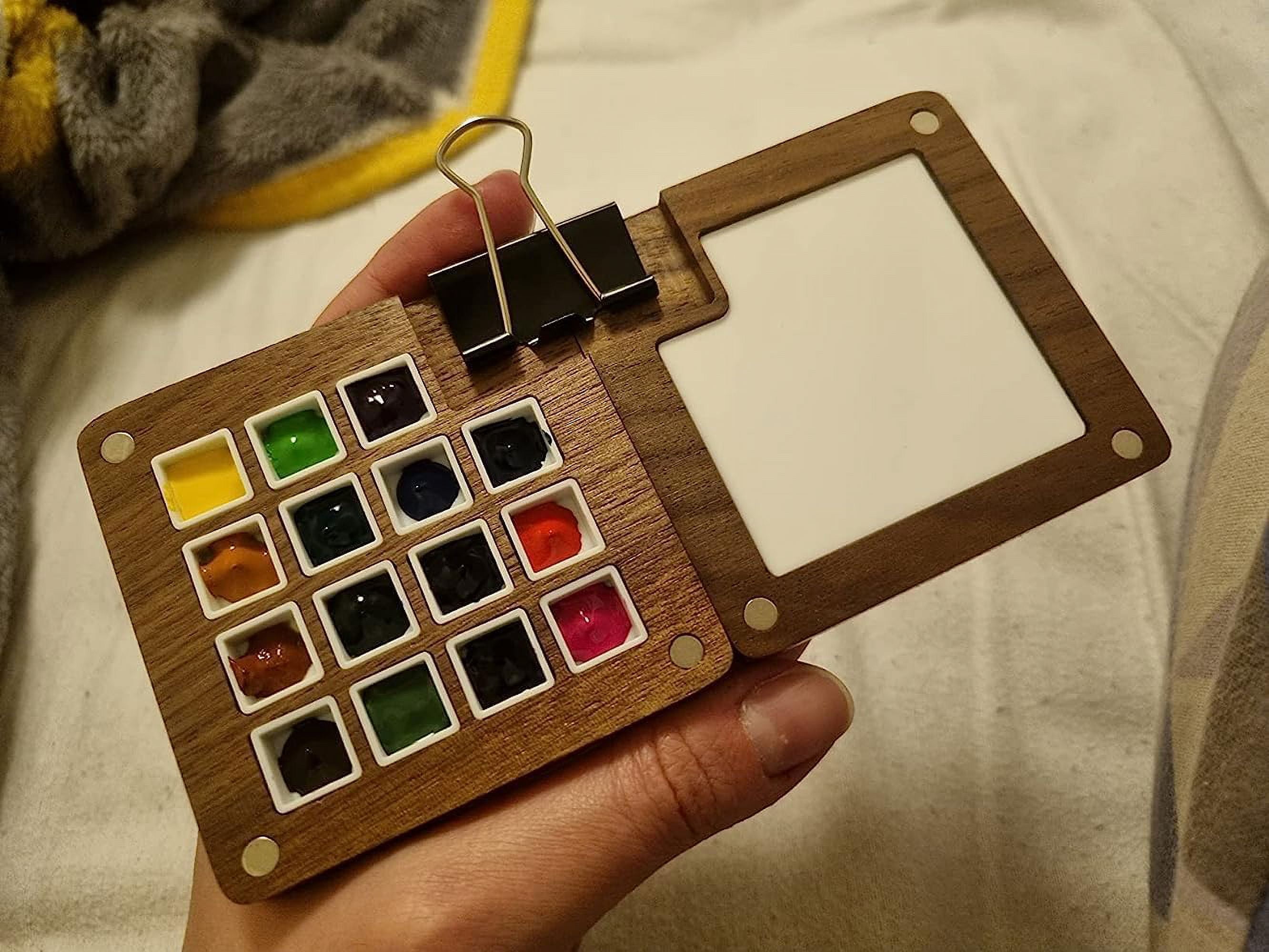 Portable Sketchbook 15 Grids Wooden Mini Travel Paint Magnetic Box for Watercolor Painting, Acrylic Painting Paint Saver with Lid and Mixing Tray