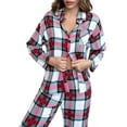 thumbnail image 2 of Biekopu Women 2 Pcs Pajamas Lounge Set,Plaid Turn-Down Collar Long Sleeve Shirts Tops and Pants Loungewear Outfits, 2 of 7