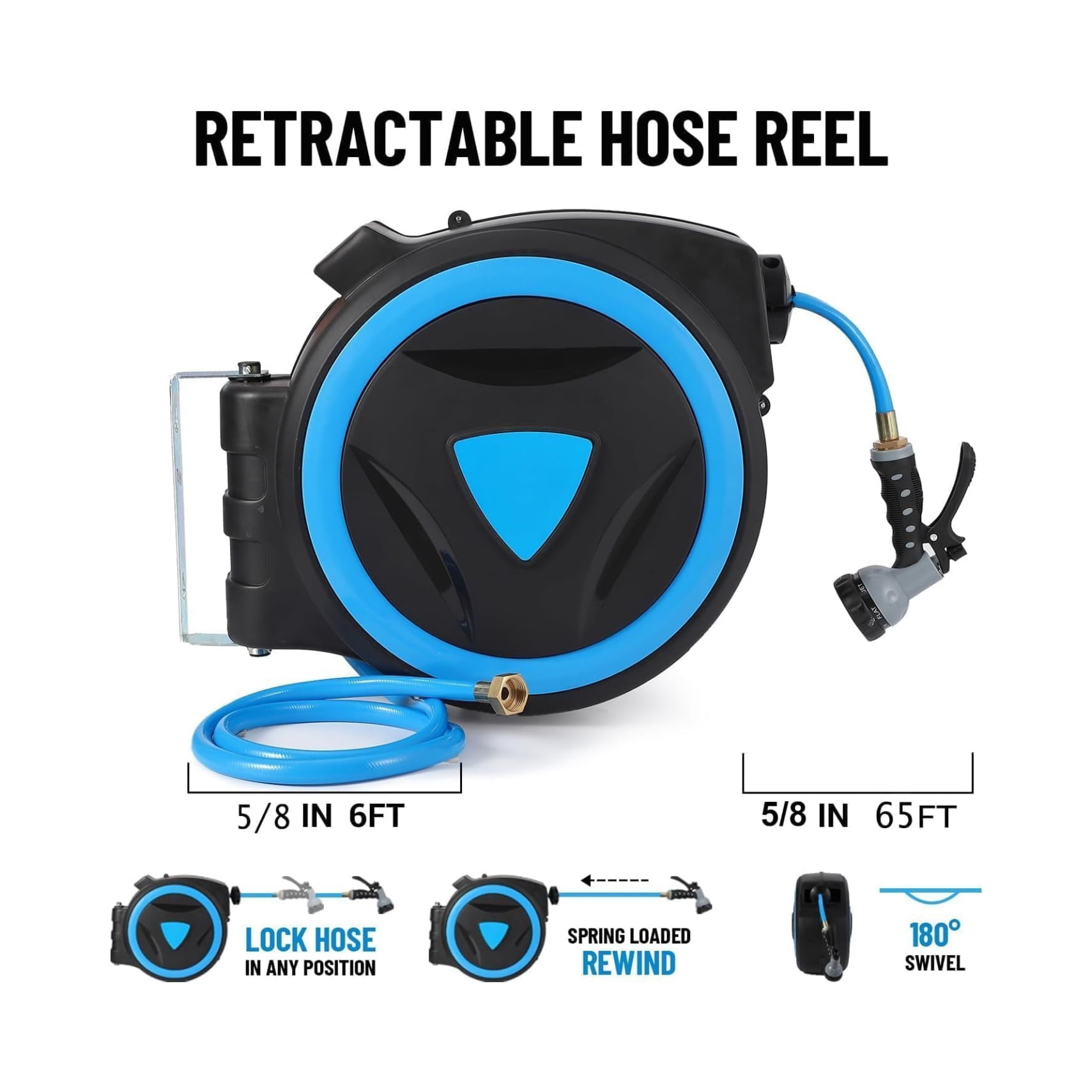 OutdoorVibe Retractable Garden Hose Reel - 5/8 In x 65/82/90 Ft, Wall Mounted, 9-Function Sprayer Nozzle, Any Length Lock, Slow Return System, 180° Swivel Bracket，Polypropylene+Steel