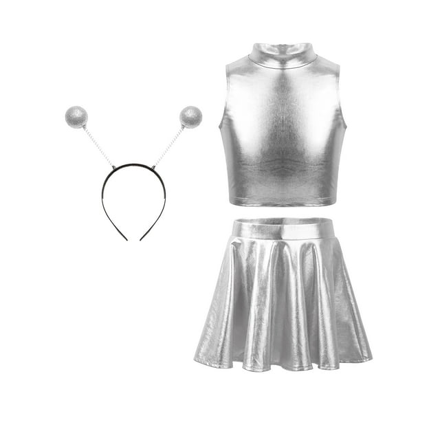 Choomomo Ensemble 3 Pcs Filles Halloween Costume d'Extraterrestre Cosplay Camisoles avec Jupe Trapèze Plissée Évasée Mini et Serre-Tête pour Jeu de Rôle Fête Argent 8