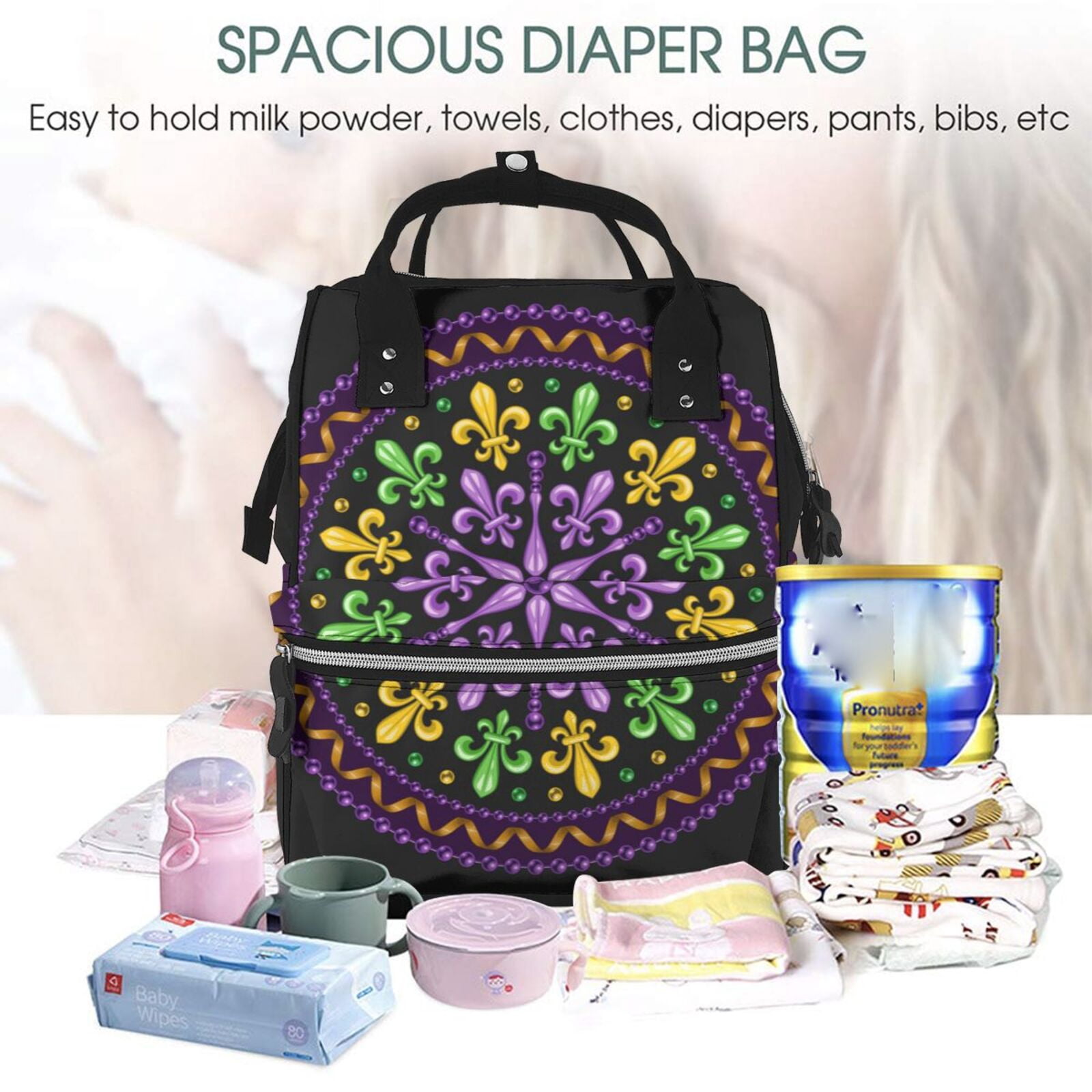 Ratiio Mardi Gras5 Mummy Backpack - Waterproof Twill Canvas, Large Capacity Diaper Bag with Multiple Pockets and Adjustable Straps