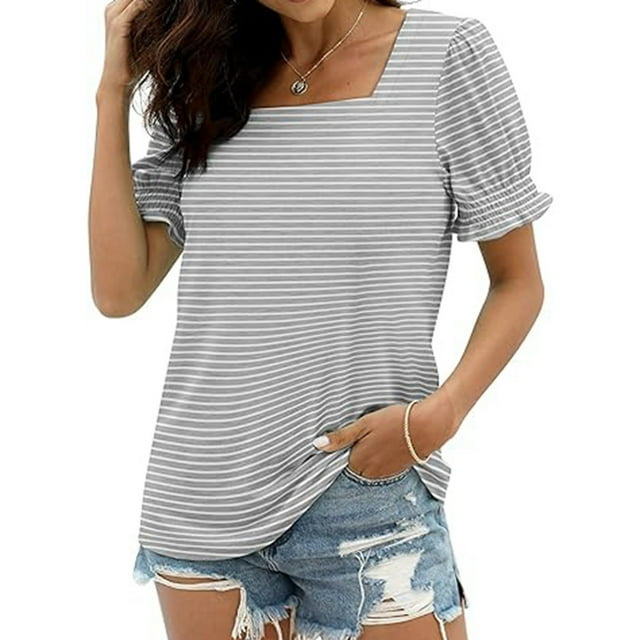 JIRNDf Chemises pour Femmes Hauts Tendance d'Été Mode à Volants Manches Courtes Encolure Carrée Blouse Rayée pour Femmes Tunique Décontractée Hauts Gris m