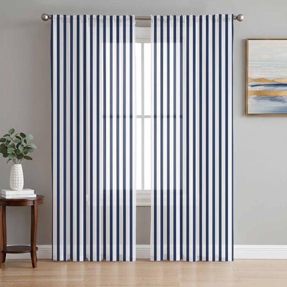 Bedliving Sheer Curtains 84 Inches Long 2 Panels Navy Blue Striped Light Filtering Voile Drapes Rod Pocket Curtains for Bedroom Living Room Decor
