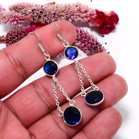 Blue Sapphire (Simulated) Gemstone 925 Sterling Silver Earring 2.26" E318