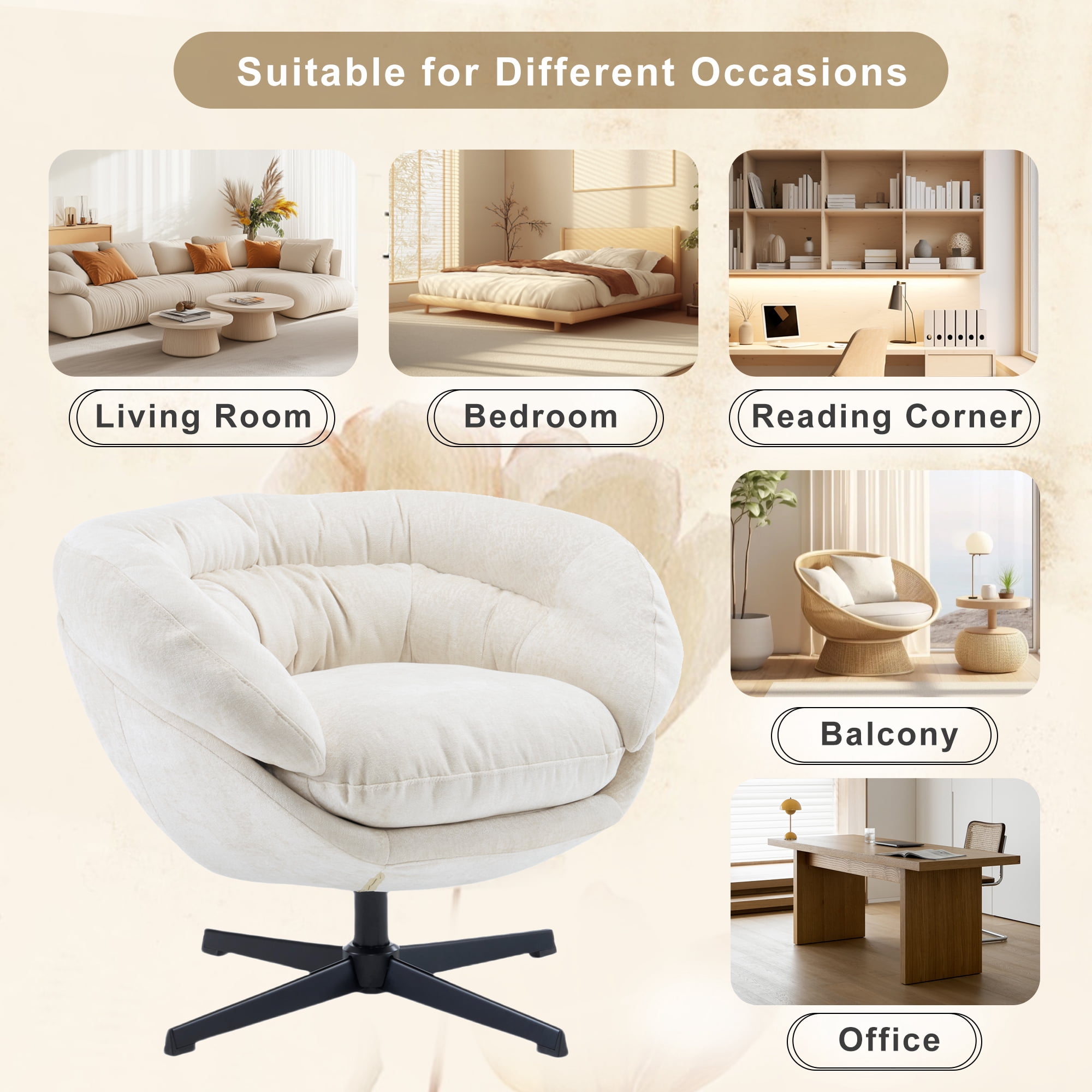 EUROCO 33" Ergonomic Chenille Swivel Chair,Cotton Accent Chair with Soft Thick Removable Cushion and Metal Base,360 Degree Swivel for Living, Bedroom, Reading Room,Beige