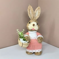 Easter Straw Bunny Figurine Decorations,10 Inch Standing Rabbit Statue Holding Basket Hand-Woven Straw Artificial Animal for Spring Garden Decor Festival Home Table Ornament