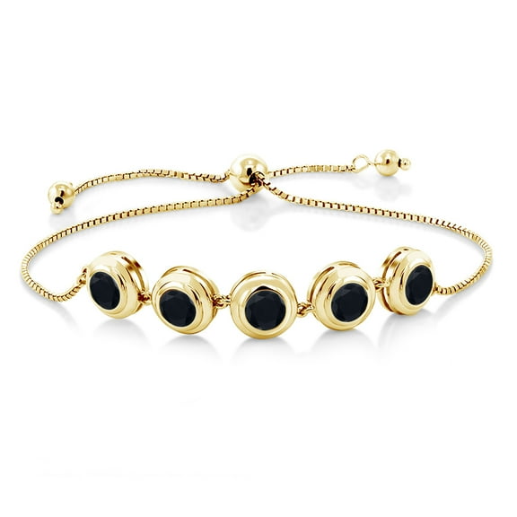 Gem Stone King 18K Yellow Gold Plated Silver Black Onyx Tennis Bracelet for Women (4.00 Cttw, Round 6MM, Gemstone December Birthstone, Fully Adjustable up to 9 inch)