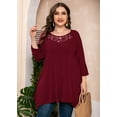 thumbnail image 3 of SHOWMALL Plus Size Tunic Top for women 3/4 Sleeve Wine Red 1X Swing Top Lace Crewneck Blouse Maternity Loose Fitting T-Shirt for Leggings, 3 of 7