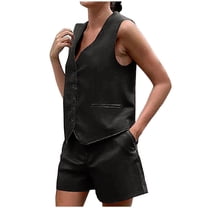 Besolor Women's Summer 2 Piece Outfits Sleeveless Matching Sets Button down V Neck Vest Waistcoat and Shorts Sets with Pockets