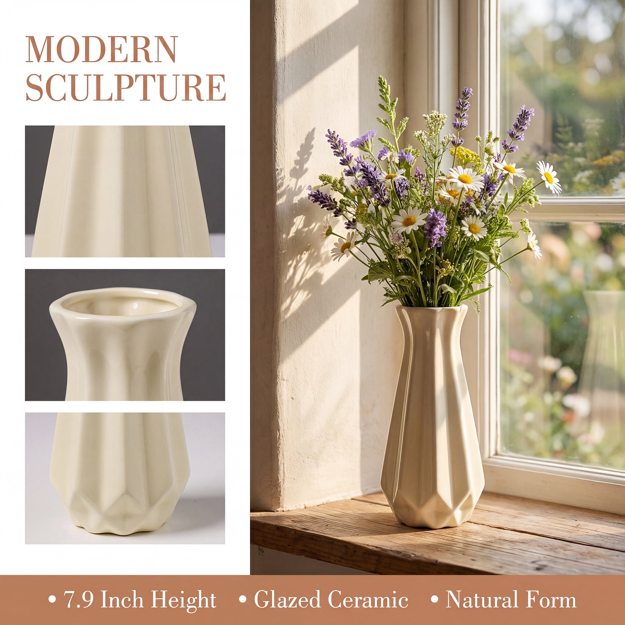 Unique Bargains Matte Ribbed Cylinder Vases Cream Yellow 3.9"L x 3.9"W x 8.0"H