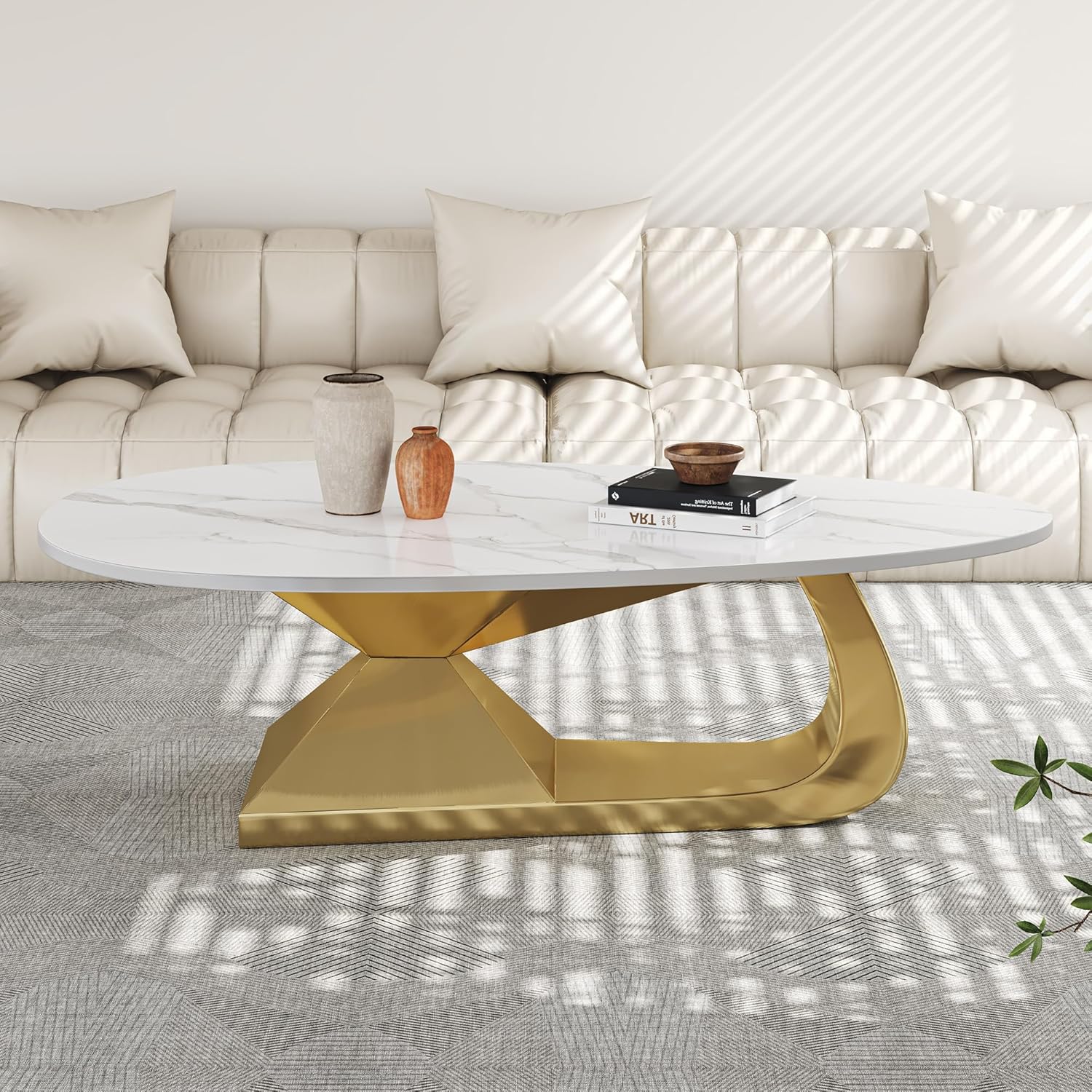 Tabaray Modern Oval Coffee Table Luxury Sintered Stone Top Coffee Table with Sculptural Geometric Stainless Steel Base,Mid-Century Marble Grain Center Table for Living Room,Gold