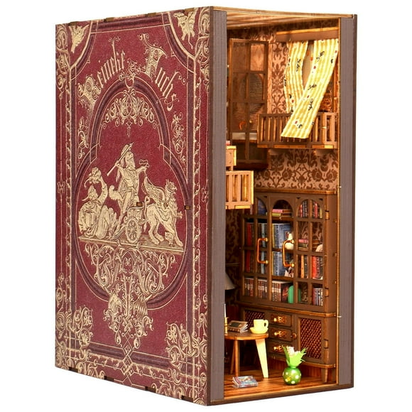 POINTERTECK DIY Book Nook Kit with LED Light 3D Wooden Puzzle Book House Building Kit Light Up Miniature Dollhouse Diorama Model Table Shelf Decoration for Home Bedroom Study Room
