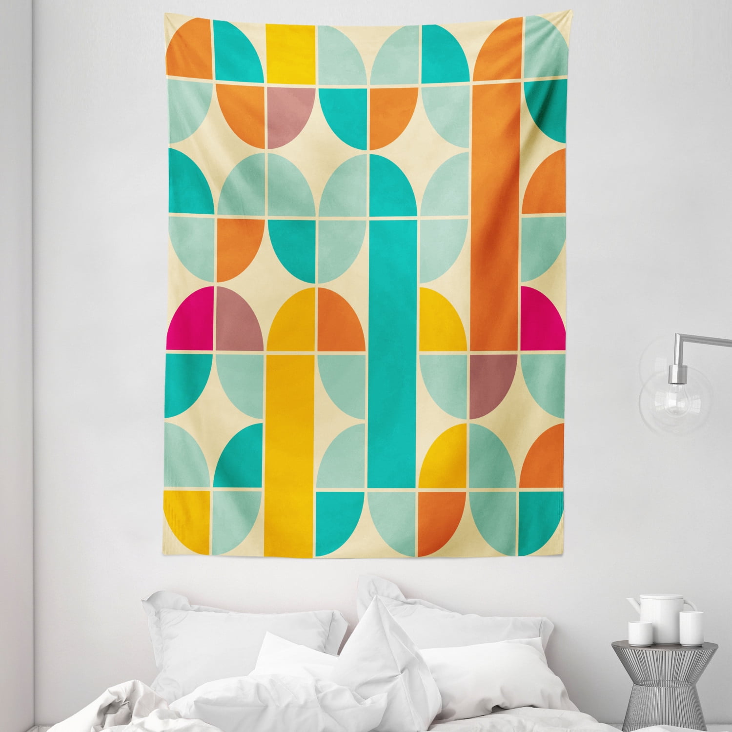 Retro Tapestry, Pop Art Funky Unusual Geometric Forms Mosaic Style